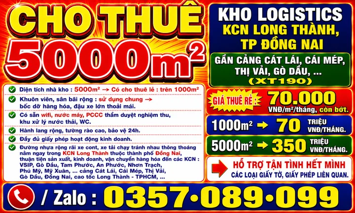 5000m2 CHO THUÊ KHO LOGISTICS KCN LONG THÀNH, TP ĐỒNG NAI, GẦN CẢNG CÁT LÁI, CÁI MÉP, THỊ VẢI