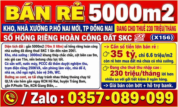5000m2 BÁN RẺ KHO, NHÀ XƯỞNG P.HỐ NAI MỚI, TP ĐỒNG NAI, ĐANG CHOTHUÊ 230 TRIỆU/THÁNG, SỔ HỒNG HOÀN CÔNG