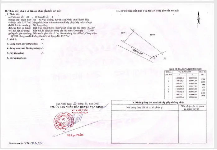 Bán Đất 557m2 có sẵn 400 m2 thổ cư giá 6.8 tỷ tại Xã Vạn Thắng Huyện Vạn Ninh Khánh Hòa
