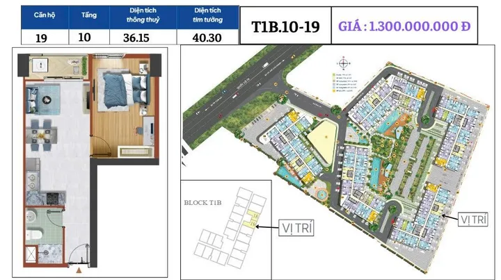 Bán căn hộ 1PN Tháp T1B Destino Centro – Tầng 10 | Giá 1,3 tỷ
