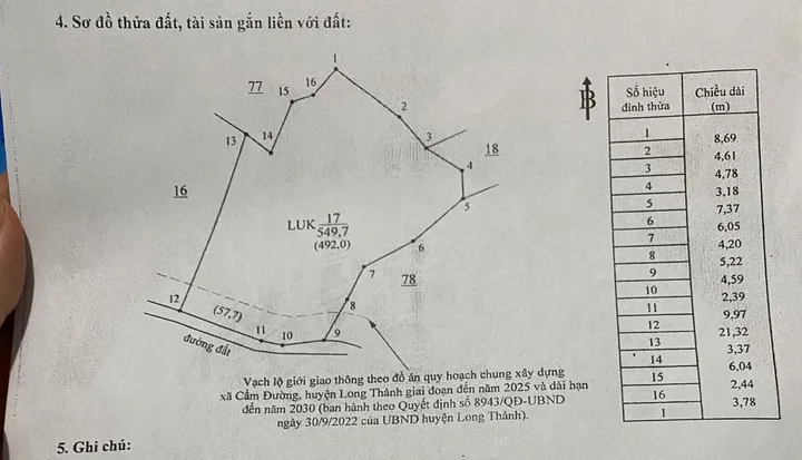 Bán Đất 549.7m2 giá 2.5 tỷ tại Xã Cẩm Đường Huyện Long Thành Đồng Nai