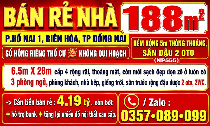 182m2 BÁN RẺ NHÀ P.HỐ NAI 1, SỔ HỒNG RIÊNG THỔ CƯ 💯 ĐƯỜNG RỘNG 5m THÔNG, SÂN ĐẬU 2 OTO