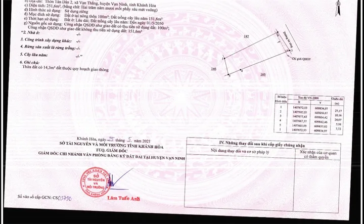 Bán Đất 251.6m2 có sẵn 100 m2 thổ cư giá 3.9 tỷ tại - Xã Vạn Thắng Huyện Vạn Ninh Khánh Hòa