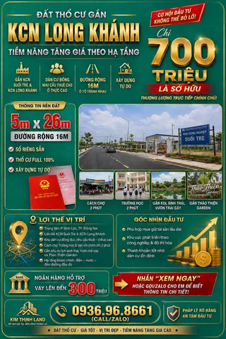 Đất Thổ Cư 5mx26m Gần KCN Long Khánh –KDC Trung Tâm – Tiềm Năng Tăng Giá Theo Hạ Tầng