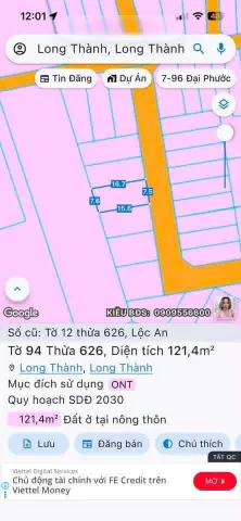 Bán Đất 121m2 có sẵn 121 m2 thổ cư giá 1.6 tỷ tại - Chọn - Xã Lộc An Huyện Long Thành Đồng Nai