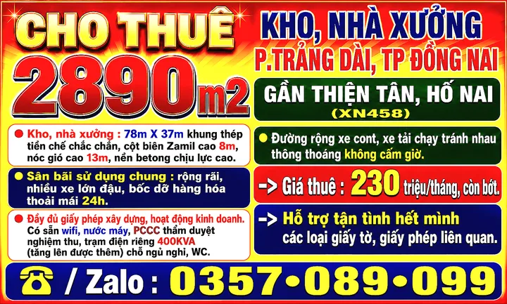 2890m2 CHO THUÊ KHO, NHÀ XƯỞNG TRẢNG DÀI, TP ĐỒNG NAI, GẦN THIỆN TÂN, HỐ NAI ĐƯỜNG XE CONT