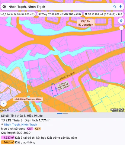 Đất mặt tiền Lý Thái Tổ thị trấn Hiệp Phước, Nhơn Trạch đối diện dự án ID Junction / Diện tích 1.771 m2 (đã có 200 m2 đất ở ODT)