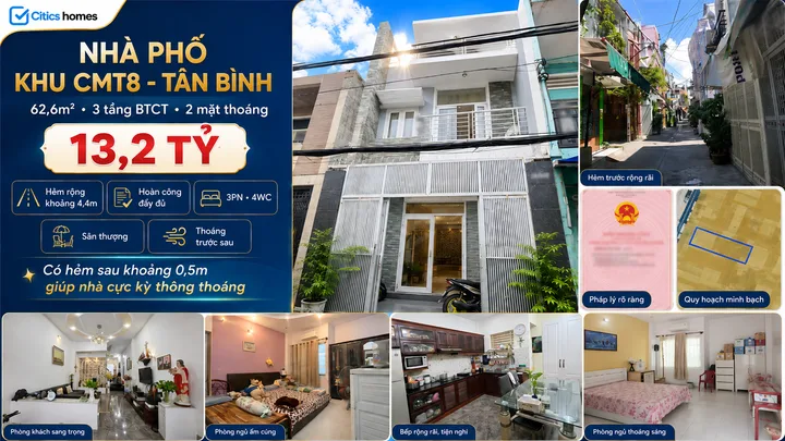 🔥 NHÀ CMT8 – GIÁP Q3, Q10 – HẺM Ô TÔ – 62,6M² – 3 TẦNG HOÀN CÔNG – 2 MẶT THOÁNG – 13,2 TỶ