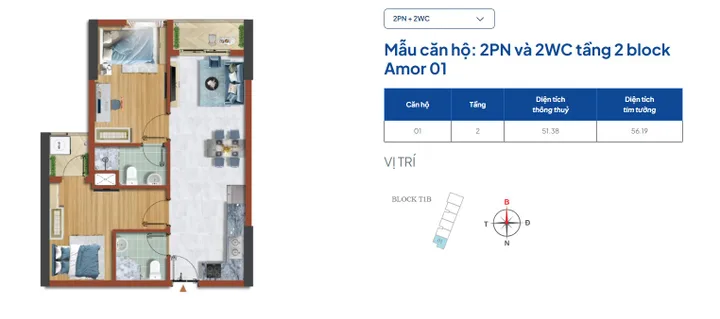 Bán căn hộ 2PN – 2WC Destino Centro Tháp T1B | 56m² | Thanh toán 380 triệu nhận nhà