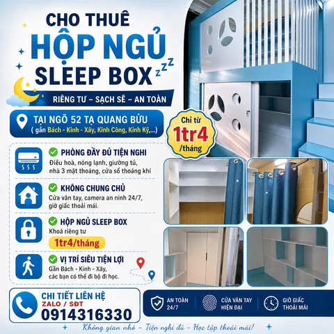 Cho thuê hộp ngủ sleep box khu Bách - Kinh - Xây, đại học Mở