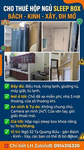 Cho thuê hộp ngủ sleep box Hai Bà Trưng, Bách - Kinh - Xây, đại học Mở, Kinh Công, Kinh Kỹ