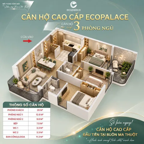💎 CĂN HỘ ECOPALACE BMT – ECO-3015 | căn góc 3PN | 85,3M² | 2 BAN CÔNG | 2 VIEW