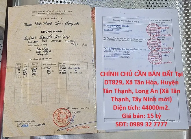 Bán Đất 44000m2 có sẵn 44000 m2 thổ cư giá 15 tỷ tại - Chọn - Phường Hoàng Văn Thụ Thành phố Bắc Giang Bắc GiangHOT ĐẦU TƯ SINH LỜI – CHÍNH CHỦ CẦN BÁN ĐẤT Tại Xã Tân Hòa, Huyện Tân Thạnh, Long An