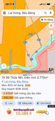 Bán Đất 2772m2 giá 11.1 tỷ tại Xã Lai Hưng Huyện Bàu Bàng Bình Dương