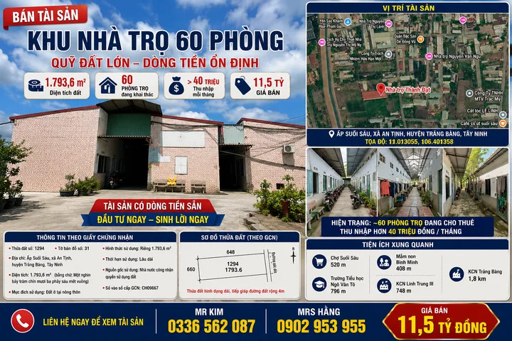 Bán Nhà trọ 1793.6m2 có sẵn 1793.6 m2 thổ cư giá 11.5 tỷ tại Xã An Tịnh Huyện Trảng Bàng Tây Ninh