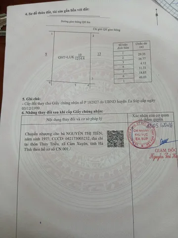 Bán Đất 1214.4m2 có sẵn 400 m2 thổ cư giá 520 triệu tại Xã Cư KBang Huyện Ea Súp Đắk Lắk