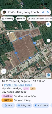 Bán Đất 13312m2 có sẵn 200 m2 thổ cư giá 35 tỷ tại Xã Phước Thái Huyện Long Thành Đồng Nai
