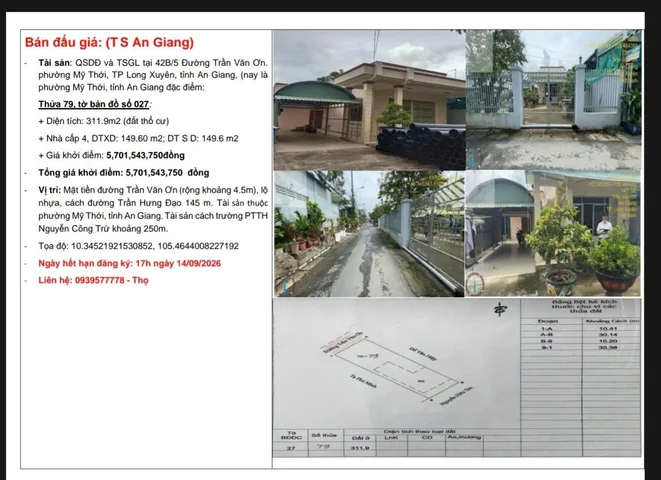 Bán Nhà riêng 311.9m2 có sẵn 311.9 m2 thổ cư giá 5.7 tỷ tại Đường Trần Văn Ơn - Chọn - Phường Mỹ Thới An Giang