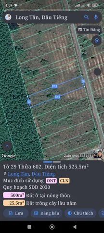Bán Đất 525m2 có sẵn 100 m2 thổ cư giá 1.05 tỷ tại Xã Long Tân Huyện Dầu Tiếng Bình Dương