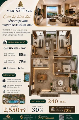 Bán căn hộ 3 phòng ngủ, thiên quân marina plaza, 85m2, giá chỉ 2,575 tỷ