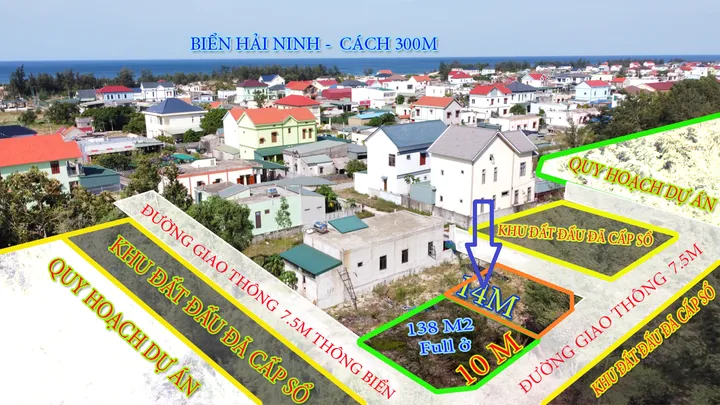 Bán đất góc 2 mặt tiền Hải Ninh, 138m² đất ở, giá 780 triệu, cách biển 5 phút đi bộ