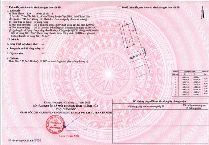 Mặt tiền QL1A ngang 9m, xã Vạn Thắng, huyện Vạn Ninh, Khánh Hòa