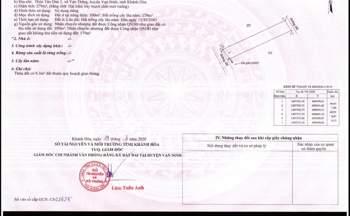 Bán Đất 279m2 có sẵn 100 m2 thổ cư giá 4.6 tỷ tại Xã Vạn Thắng Huyện Vạn Ninh Khánh Hòa