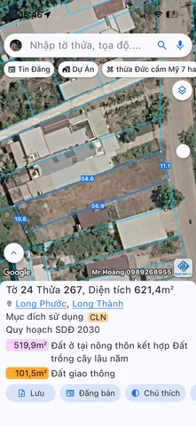 Bán Đất 621m2 giá 9 tỷ tại Xã Long Phước Huyện Long Thành Đồng Nai