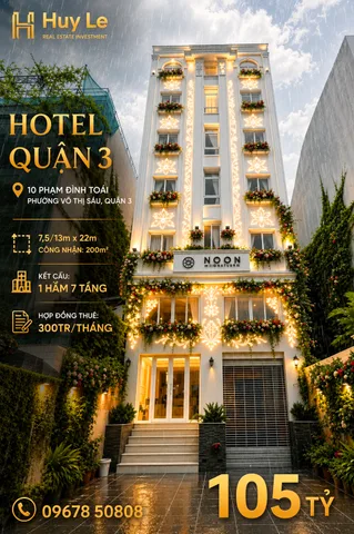 Hotel 10 Phạm Đình Toái Quận 3 [7,5/13m x 22m] 1 hầm 7 tầng - 105tỷ