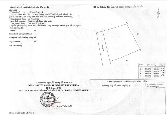 Bán lô đất Hợp Thổ tại thôn Tân Dân 1, xã Vạn Thắng, huyện Vạn Ninh, tỉnh Khánh Hòa.