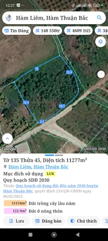 Bán Đất 1127m2 giá 1.2 tỷ tại Xã Hàm Liêm Huyện Hàm Thuận Bắc Bình Thuận