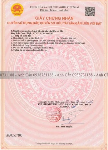 Bán Đất 653m2 có sẵn 268 m2 thổ cư giá 8.2 tỷ tại Xã Bình Mỹ Huyện Củ Chi TP. Hồ Chí Minh