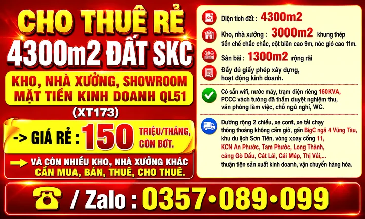 4300m2 ĐẤT SKC, CHO THUÊ RẺ KHO, NHÀ XƯỞNG, SHOWROOM, MẶT TIỀN KINH DOANH QL51 GẦN NGÃ 4 VŨNG TÀU