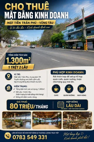 🔥 CHO THUÊ MẶT BẰNG TRẦN PHÚ – 1.300M² – 80 TRIỆU/THÁNG 🔥