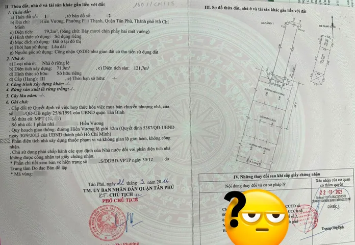 Bán Nhà Mặt Tiền Kinh Doanh, DT 80m2 có sẵn 79.2 m2 thổ cư giá 13.5 tỷ tại Đường Hiền Vương Phường Phú Thạnh Quận Tân Phú TP. Hồ Chí Minh
