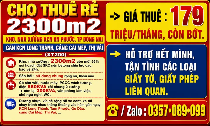 2300m2 CHO THUÊ RẺ KHO, NHÀ XƯỞNG KCN AN PHƯỚC TP ĐỒNG NAI GẦN KCN LONG THÀNH, CẢNG CÁI MÉP, THỊ VẢI