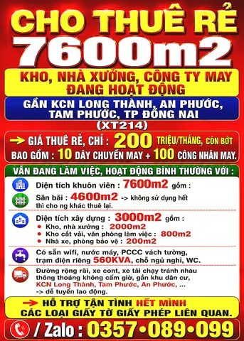 7600m2 CHO THUÊ RẺ KHO, NHÀ XƯỞNG, CTY MAY ĐANG HOẠT ĐỘNG GẦN KCN LONG THÀNH, TAM PHƯỚC, AN PHƯỚC