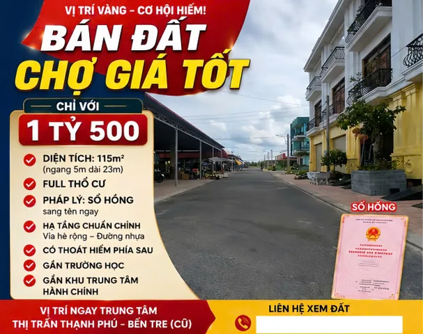 Bán Đất 115m2 có sẵn 115 m2 thổ cư giá 1.5 tỷ tại Thị trấn Thạnh Phú Huyện Thạnh Phú Bến Tre