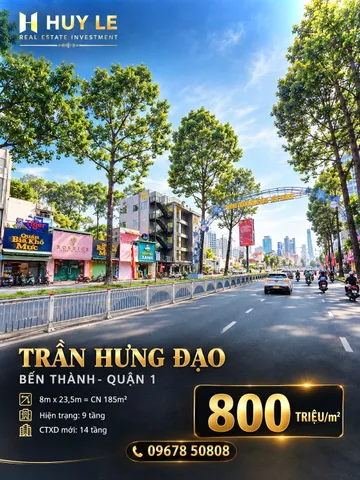 Mặt tiền đôi [8 x 23 = 185m2] Trần Hưng Đạo Bến Thành Quận 1 = 800tr/m2 (TL)