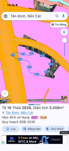 Bán Đất 5458m2 có sẵn 100 m2 thổ cư giá 38 tỷ tại Phường Tân Định Thị xã Bến Cát Bình Dương