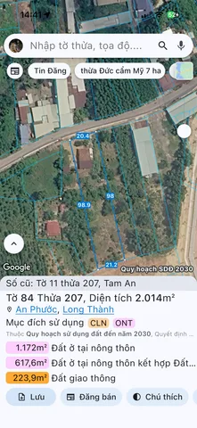 Bán Đất 2014m2 có sẵn 300 m2 thổ cư giá 10 tỷ tại Xã Tam An Huyện Long Thành Đồng Nai