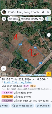 Bán Đất 12331m2 có sẵn 100 m2 thổ cư giá 27 tỷ tại Xã Phước Bình Huyện Long Thành Đồng Nai