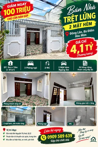 Bán Nhà riêng 91m2 có sẵn 91 m2 thổ cư giá 4.1 tỷ tại Đường Đông Lân 6 Xã Bà Điểm Huyện Hóc Môn TP. Hồ Chí Minh