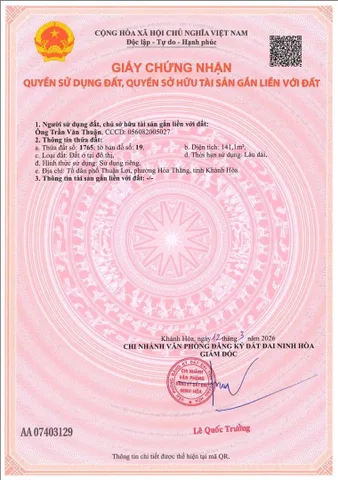 Bán Đất 141.1m2 có sẵn 141.1 m2 thổ cư giá 860 triệu tại Đường Lý Tự Trọng Phường Ninh Hà Thị xã Ninh Hòa Khánh Hòa