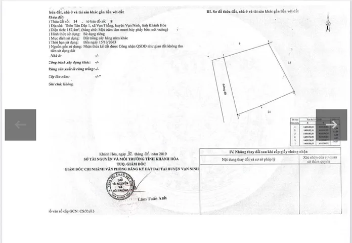 Bán Đất 187.4m2 giá 1.31 tỷ tại Xã Vạn Thắng Huyện Vạn Ninh Khánh Hòa