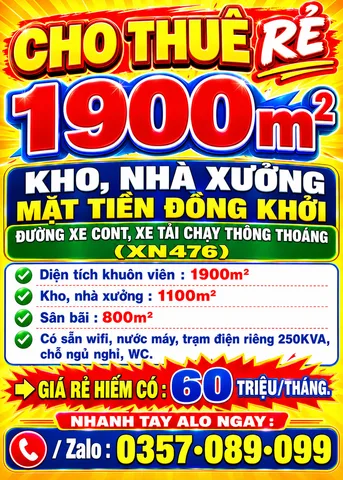 1900m2 CHO THUÊ RẺ KHO, NHÀ XƯỞNG MẶT TIỀN ĐỒNG KHỞI, ĐƯỜNG XE CONT, XE TẢI CHẠY (XN476)