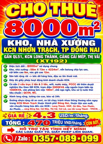 8000m2 CHO THUÊ KHO, NHÀ XƯỞNG KCN NHƠN TRẠCH, ĐỒNG NAI GẦN QL51, LONG THÀNH, CẢNG CÁI MÉP, THỊ VẢI (XT192)