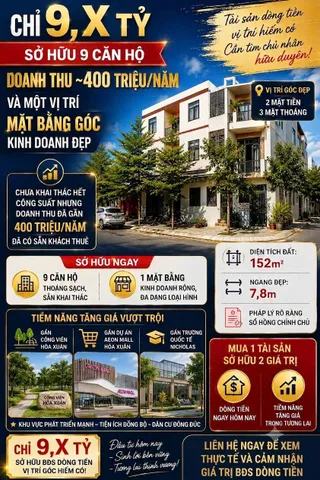 BÁN TÒA 9 CĂN HỘ -LÔ GÓC GẦN AEON HÒA XUÂN -DÒNG TIỀN SẴN 40 TRIỆU-9.9 TỶ