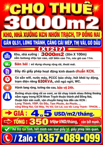 3000m2 CHO THUÊ KHO, NHÀ XƯỞNG KCN NHƠN TRẠCH, ĐỒNG NAI GẦN QL51, LONG THÀNH, CẢNG CÁI MÉP, THỊ VẢI (XT217)