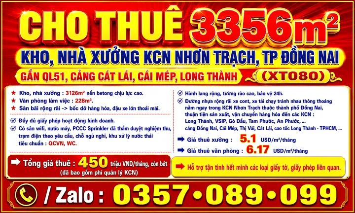 3356m2 CHO THUÊ KHO, NHÀ XƯỞNG KCN NHƠN TRẠCH, TP ĐỒNG NAI GẦN QL51, LONG THÀNH, CẢNG CÁI MÉP (XT080)